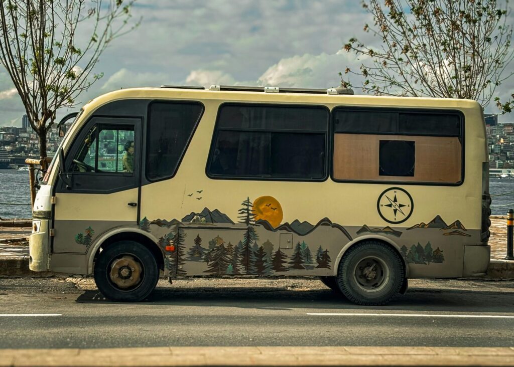 Vintage camper van parked by a serene lakeside under a cloudy sky.